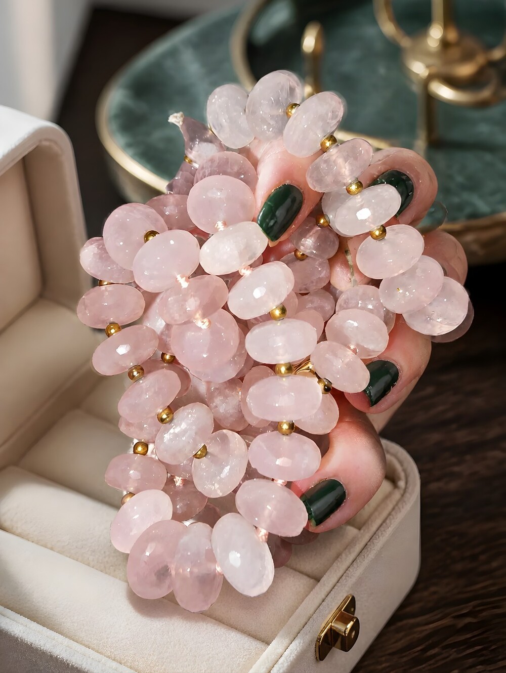Rose Quartz Necklace With Gold Colored Beads Inbetwee 38"
